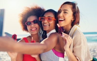 Group,,Selfie,And,Girl,With,Ice,Cream,At,Beach,,Summer